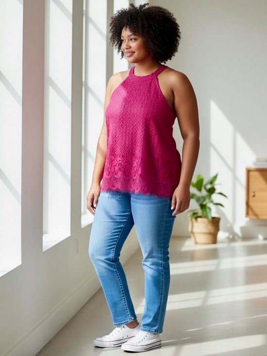 cleo Tops - cleo Fuchsia Lace Halter Tank Top